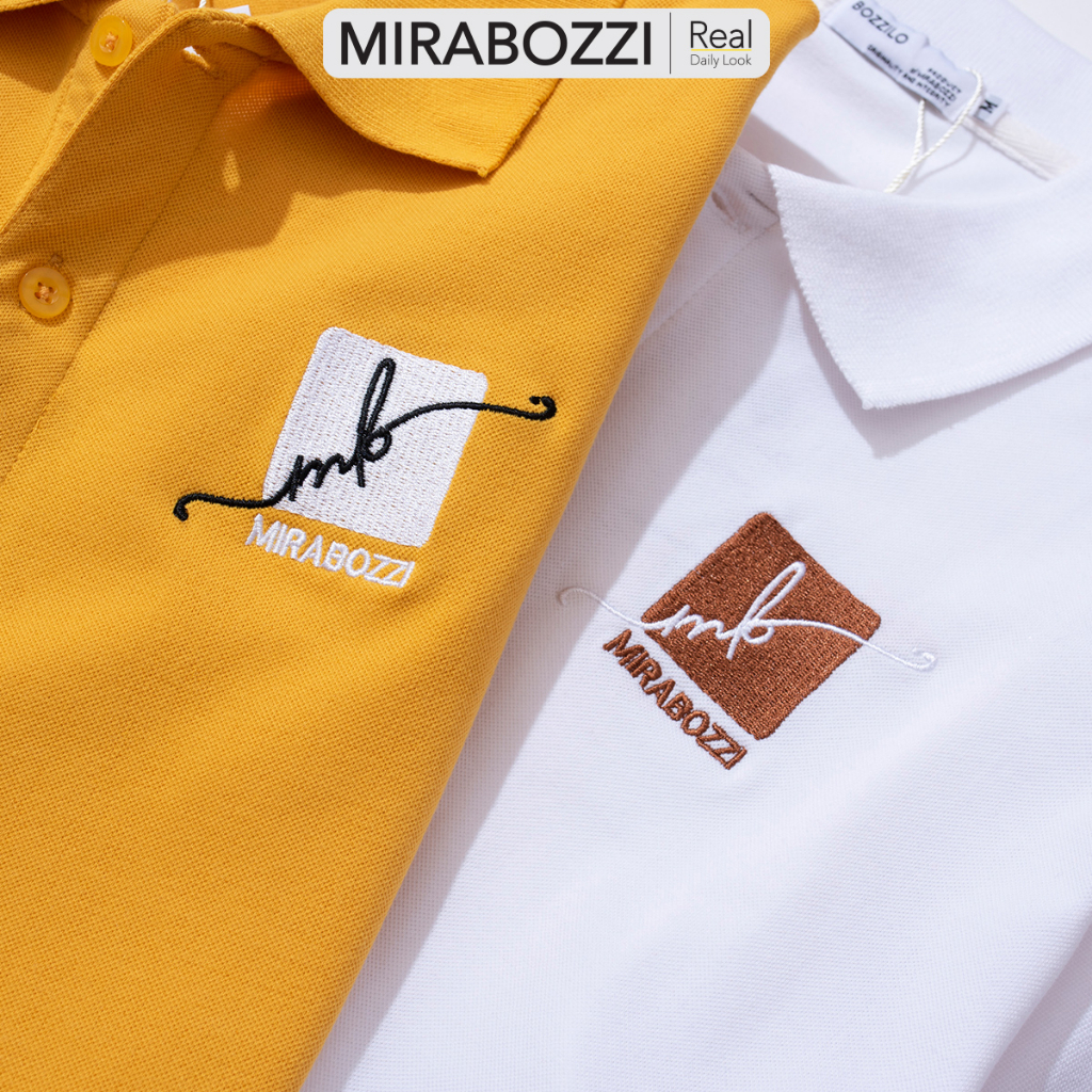 Áo polo nam nữ đẹp thêu Signature MIRABOZZI chất vải cotton mềm mịn, vải 4 chiều, màu trắng / vàng