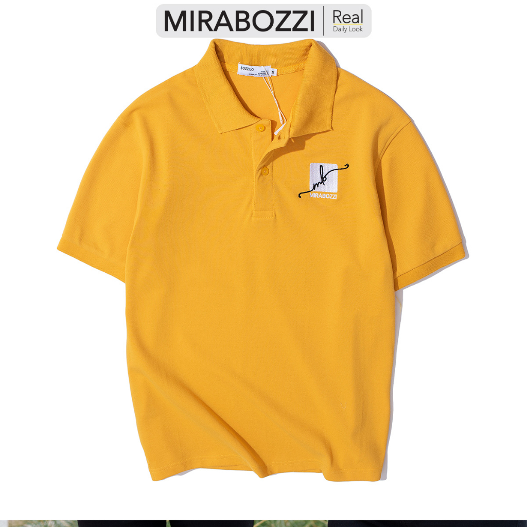 Áo polo nam nữ đẹp thêu Signature MIRABOZZI chất vải cotton mềm mịn, vải 4 chiều, màu trắng / vàng