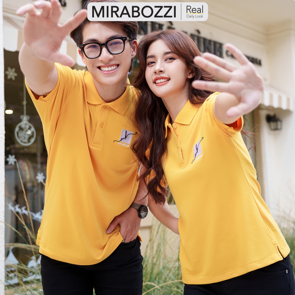 Áo polo nam nữ đẹp thêu Signature MIRABOZZI chất vải cotton mềm mịn, vải 4 chiều, màu trắng / vàng