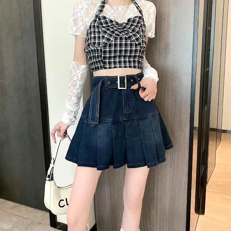 ￼Chân váy Jeans xếp ly lưng cao kèm thắt lưng phong cách retro CV03