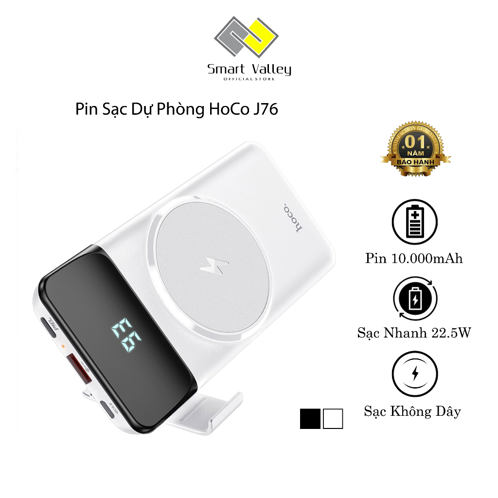 Pin Sạc Dự Phòng Hoco J76, Hỗ Trơ Sạc Không Dây, Dung Lượng 10.000mAh, Sạc Nhanh QC3.0 và PD20W , Màn Led Hiển Thị Pin.
