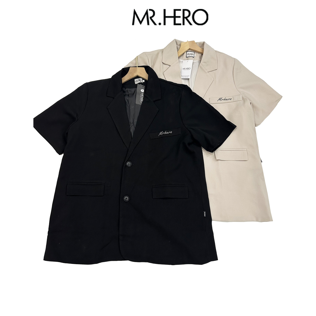 Áo blazer nam ngắn tay bigsize form rộng 2 lớp BZ23 Mrherovn phong cách Hàn Quốc màu đen be | BigBuy360 - bigbuy360.vn