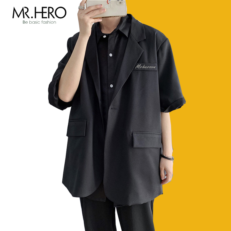 Áo blazer nam ngắn tay bigsize form rộng 2 lớp BZ23 Mrherovn phong cách Hàn Quốc màu đen be | BigBuy360 - bigbuy360.vn