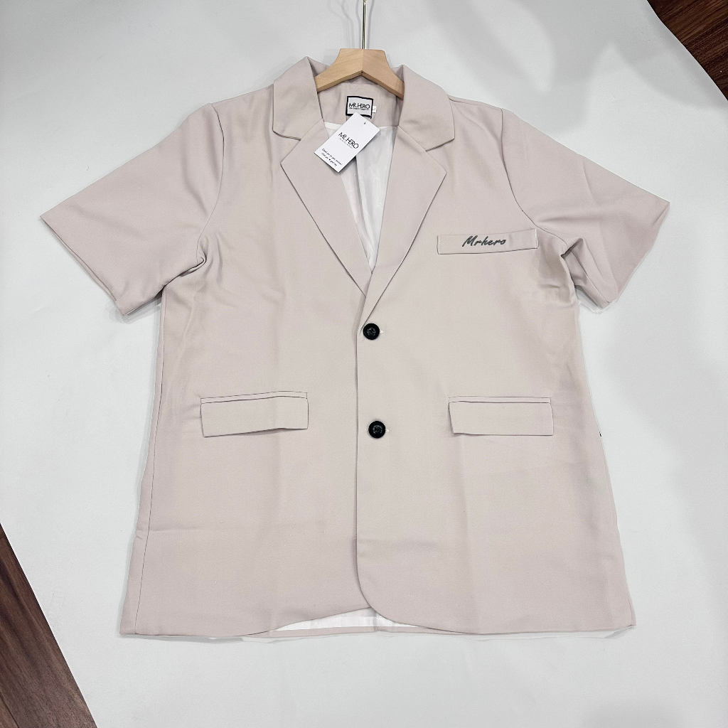 Áo blazer nam ngắn tay bigsize form rộng 2 lớp BZ23 Mrherovn phong cách Hàn Quốc màu đen be | BigBuy360 - bigbuy360.vn