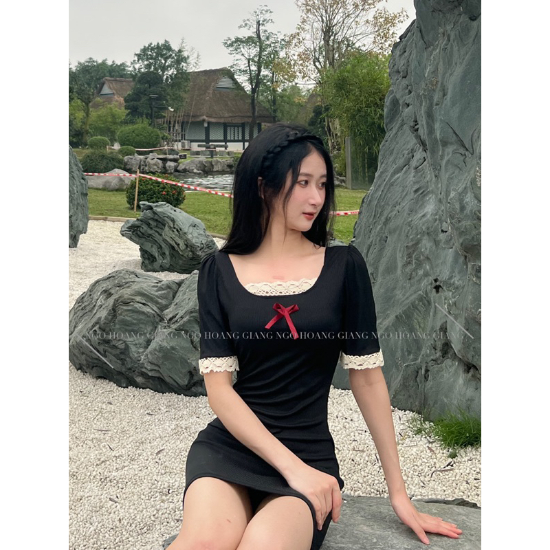 Váy thun body phối ren ngực nơ nhí thiết kế cao cấp tôn dáng xuân hè BABY MIDIO DRESS H179