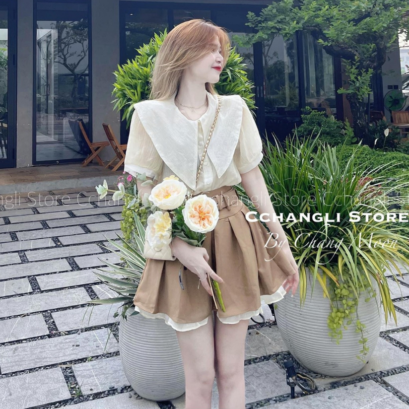 Set 3 món - áo sơ mi cổ sen mix chân váy xếp ly 2 tầng kèm dây lưng nâu
