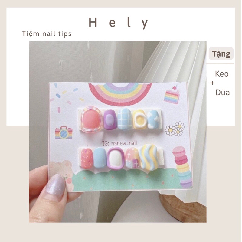 Nailbox Hely - Móng úp, móng tay giả thiết kế H079 - Màu sắc bắt mắt, pas.tel sáng màu tạo cảm giác yêu đời, vui vẻ hơn