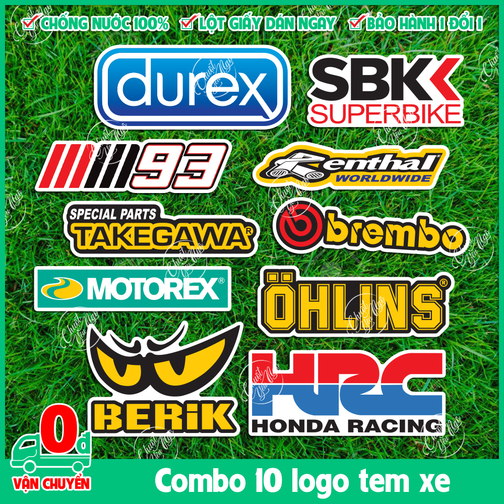 Combo 10 logo tem xe decal sticker trang trí xe máy nón bảo hiểm ohlins hrc honda racing takegawa brembo