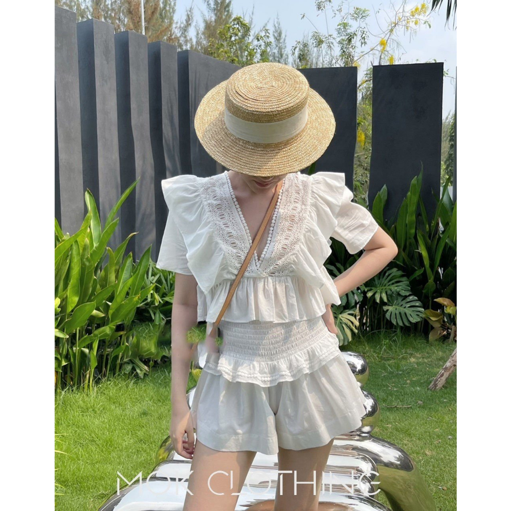 Set đồ nữ áo tay ngắn cổ V kiểu bèo xếp tầng phối quần đùi short ngắn ống rộng phong cách hàn quốc cực đáng yêu xinh