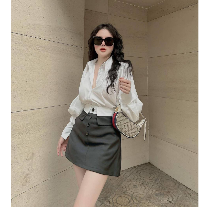 Set chân váy A cạp trắng phối áo sơ mi trắng dài tay dáng basic thời trang thiết kế công sở năng động trẻ trung LEVAN