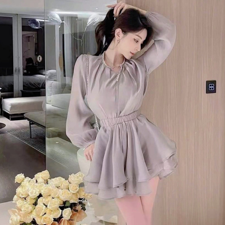 Set đồ nữ sang chảnh áo sơ mi dài tay nữ cổ tròn đính hạt phối quần 2 tầng bồng bềnh thời trang thiết kế đi biển du lịch