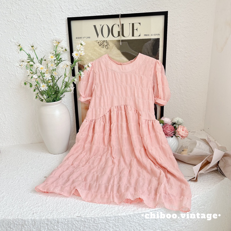 Váy xốp nhăn tay bồng dáng ngắn đầm babydoll dáng ngắn