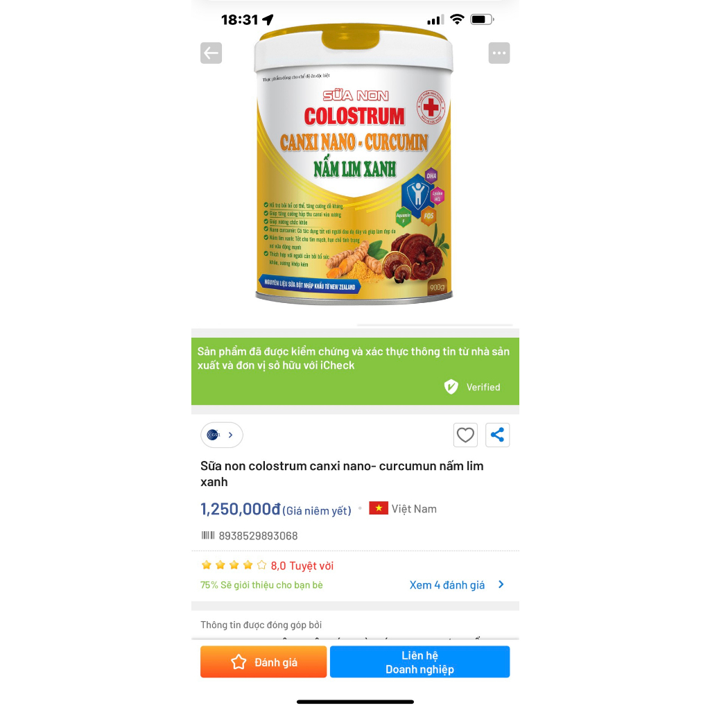 Sữa non Colostrum Canxi nano Curcummin Nấm Lim Xanh.