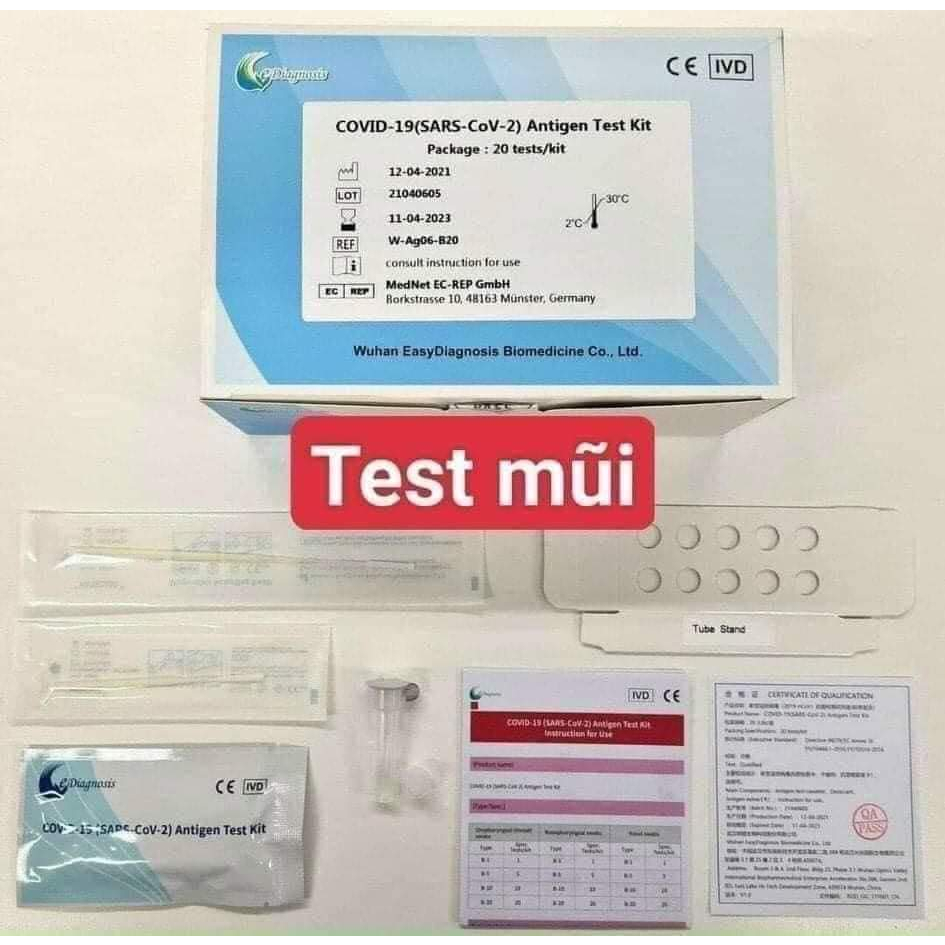 Một bộ kit test nhanh Covid 19 test mũi theo công nghệ Đức độ chính xác cao được bộ Y Tế công nhận.Antigen Rapid Wuhan