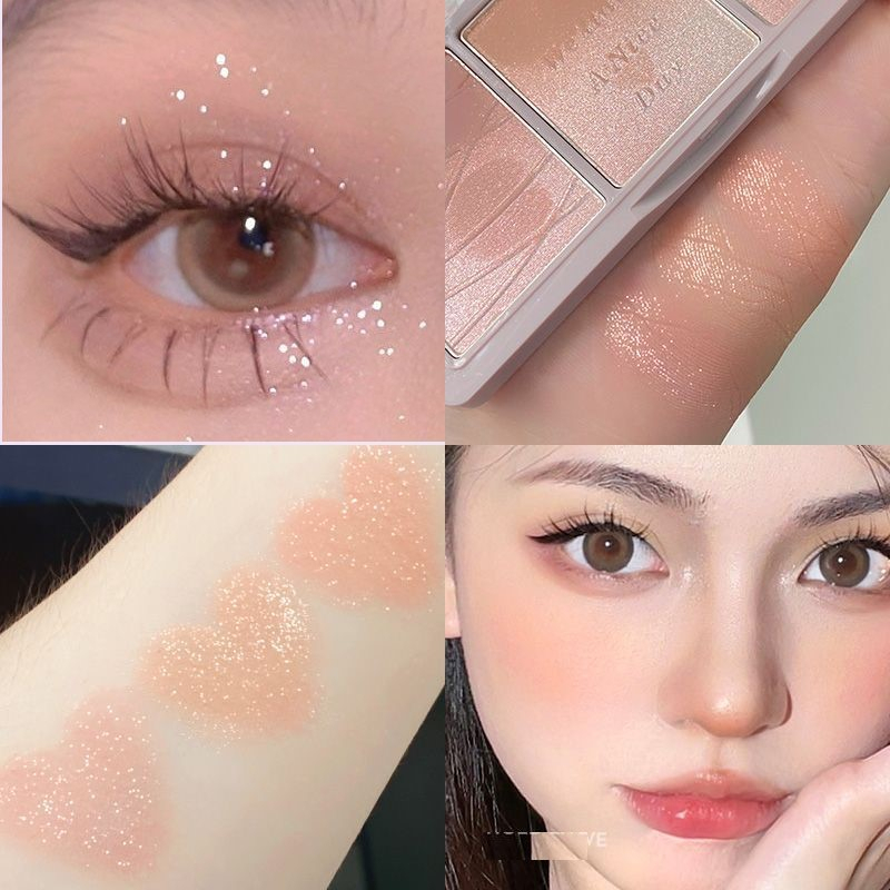 Hộp 3 màu phấn má hồng phối nhũ mắt tiện lợi trang điểm tự nhiên lấp lánh nhỏ gọn Tatitava