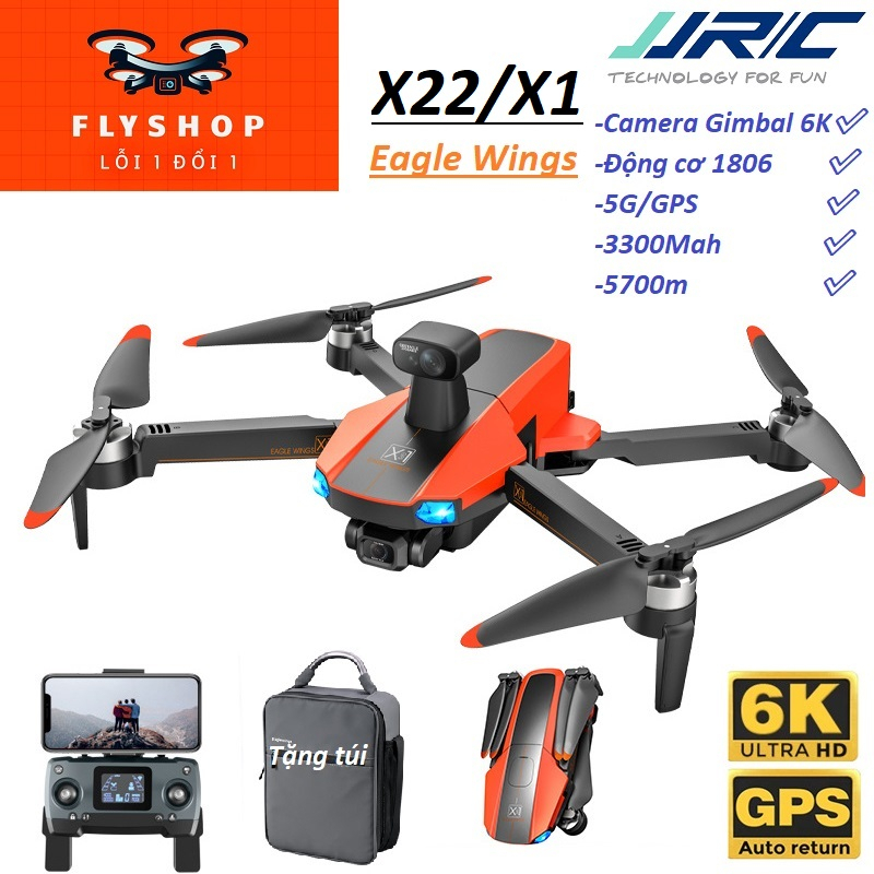 Flycam X22/X1 Eagle Wing JJRC máy bay không người lái, Camera Gimbal 6K, Động cơ 1806, 5G/GPS, 3300Mah, 5700m