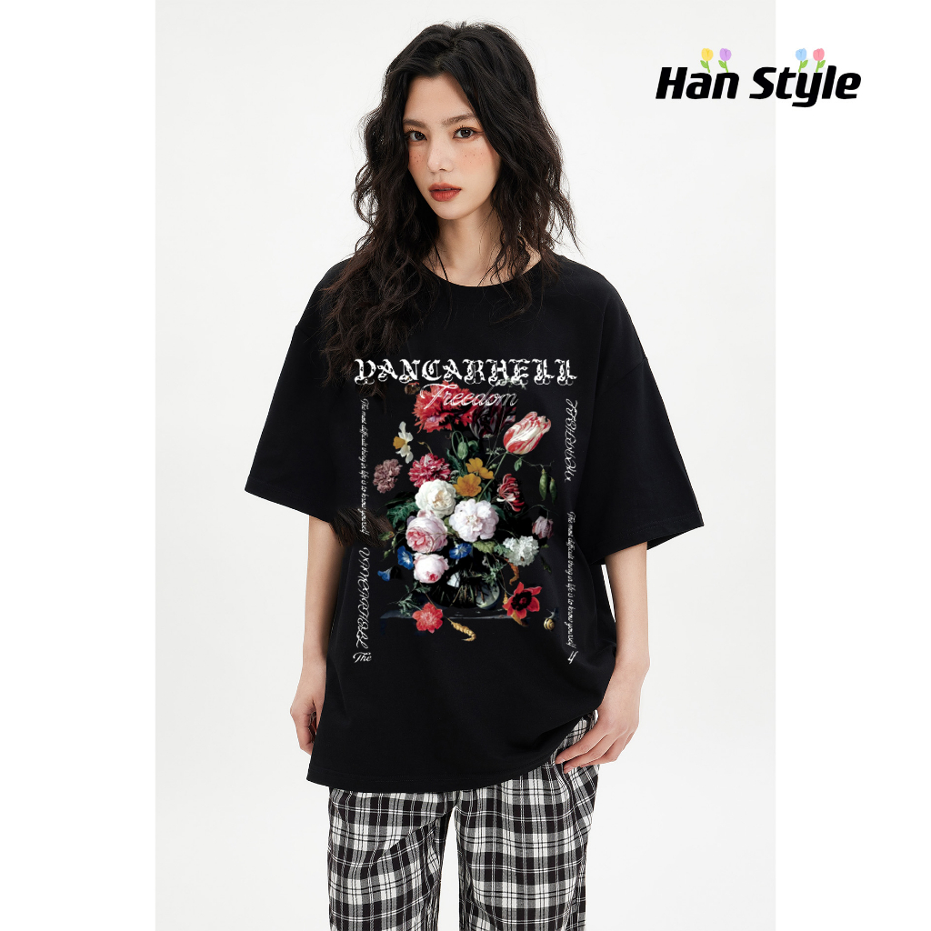Suzzin Áo cotton form rộng hoa hồng dáng rộng nữ áo thun rộng nữ phong cách retro D0311