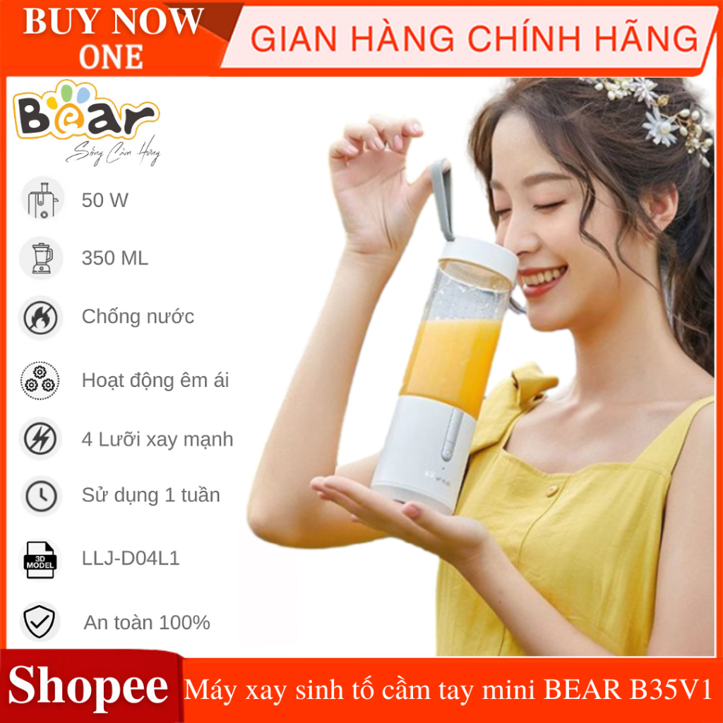 Máy xay sinh tố cầm tay BEAR B35V1, dung tích 350ml, công suất 50w, tích hợp pin giúp xay mọi lúc mọi nơi