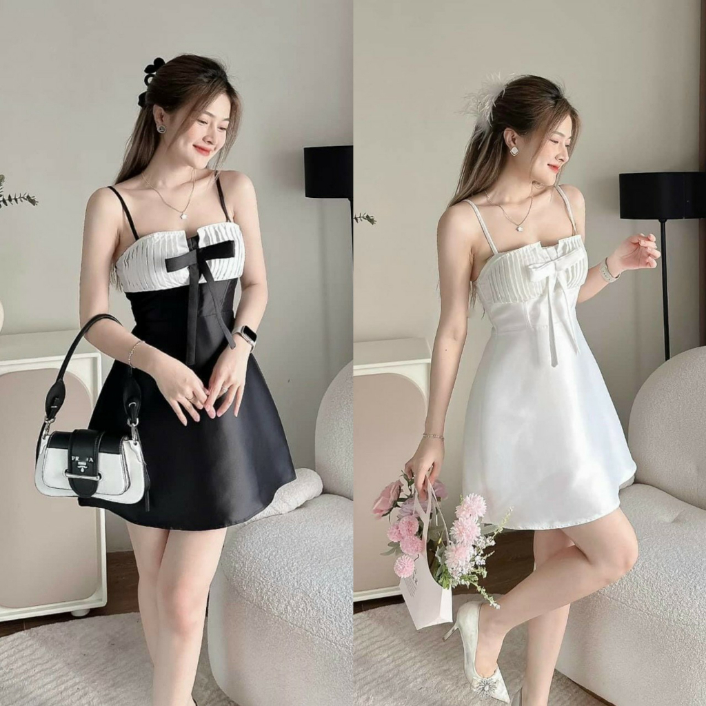 Đầm hai dây hở lưng dáng ngắn kèm cột nơ ngực xinh xắn, đáng yêu cho nàng đi chơi, đi tiệc [994]