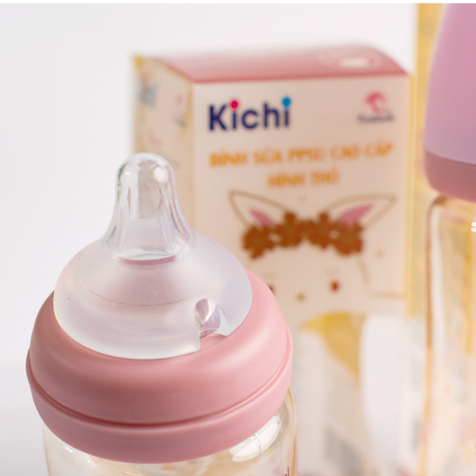 Bình sữa cổ rộng PPSU cho bé Kichilachi họa tiết hình thỏ, cảm biến nhiệt, bình 170ml - 270ml