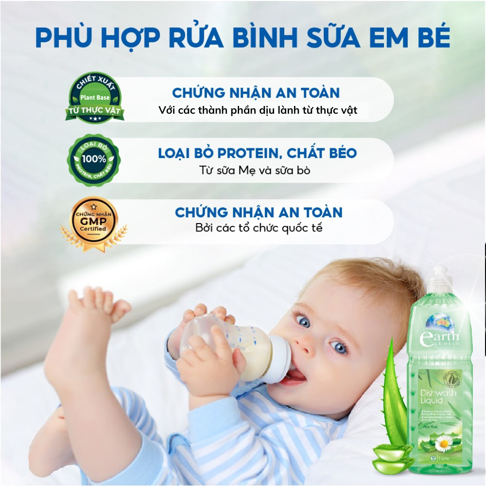 Nước Rửa Chén EARTH CHOICE Rửa Được Bình Sữa Cho Trẻ, An Toàn Không Khô Da Tay, Chiết Xuất Nha Đam, Chanh