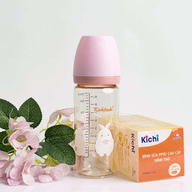 Bình sữa cổ rộng PPSU cho bé Kichilachi họa tiết hình thỏ, cảm biến nhiệt, bình 170ml - 270ml