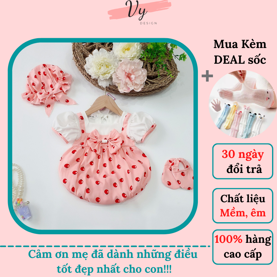 Váy Bé Gái Sơ Sinh VY DESIGN. Váy Body Cho Bé Gái Kèm Mũ Vớ Chất Mát, Đầm Đầy Tháng, Váy Sơ Sinh, Váy Body Sơ Sinh