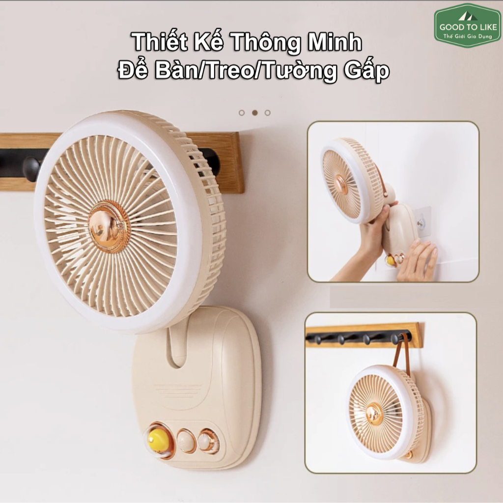 Quạt Sạc Tích Điện ICARER 3 Chế Độ Gió,Quạt Để Bàn Treo Tường Gấp Gọn Kèm Đèn Ngủ Pin 4000Mah Sử Dụng Sạc USB