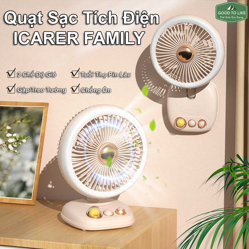 Quạt Sạc Tích Điện ICARER 3 Chế Độ Gió,Quạt Để Bàn Treo Tường Gấp Gọn Kèm Đèn Ngủ Pin 4000Mah Sử Dụng Sạc USB