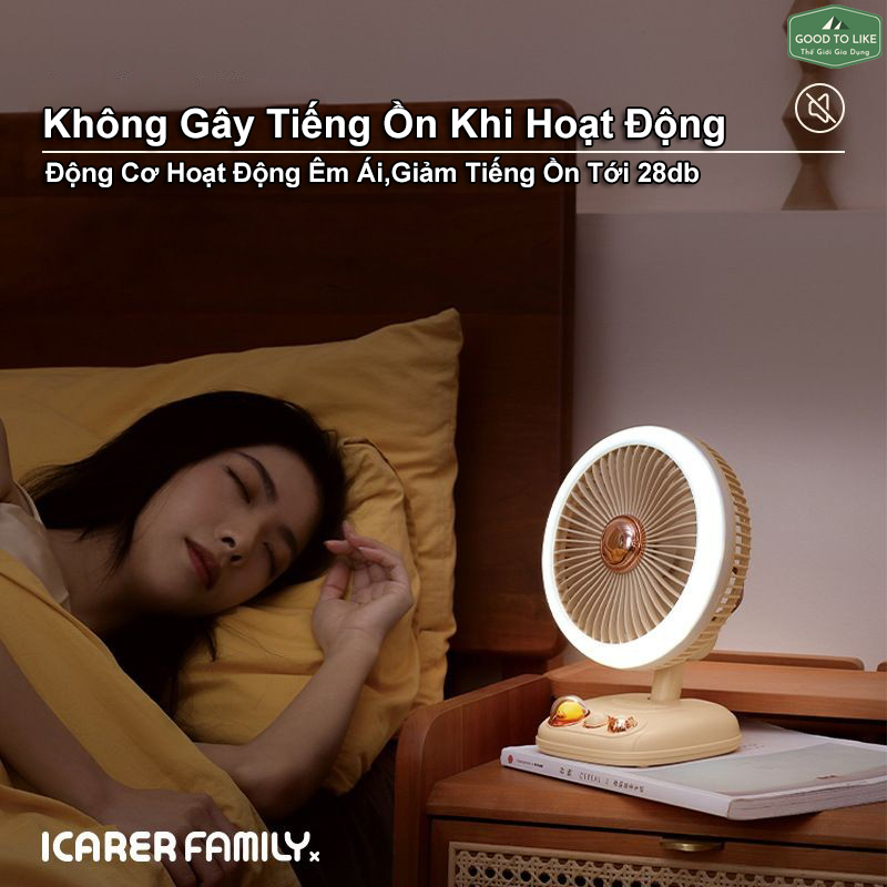 Quạt Sạc Tích Điện ICARER 3 Chế Độ Gió,Quạt Để Bàn Treo Tường Gấp Gọn Kèm Đèn Ngủ Pin 4000Mah Sử Dụng Sạc USB