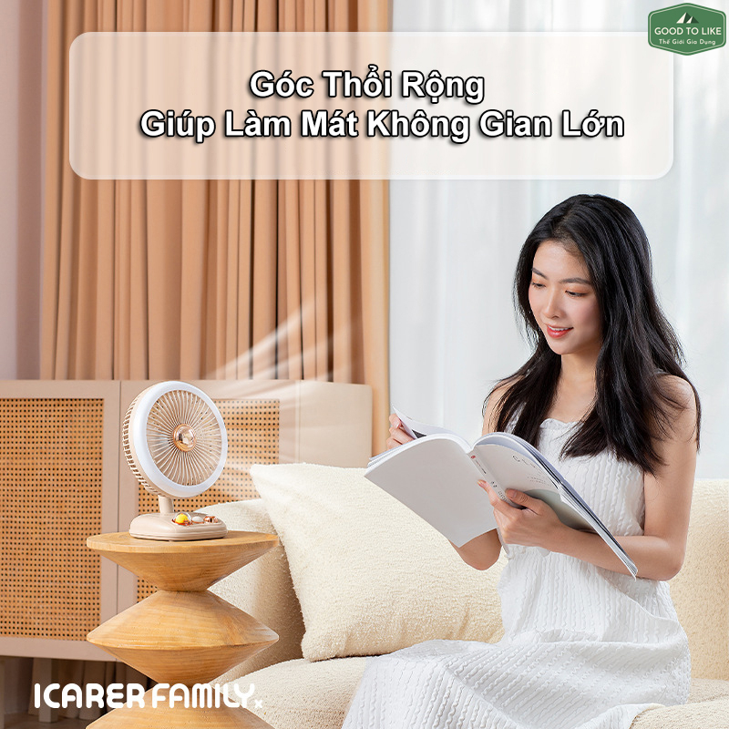 Quạt Sạc Tích Điện ICARER 3 Chế Độ Gió,Quạt Để Bàn Treo Tường Gấp Gọn Kèm Đèn Ngủ Pin 4000Mah Sử Dụng Sạc USB