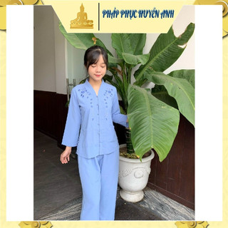 Đồ lam đi chùa bà lai thêu hoa vải silk