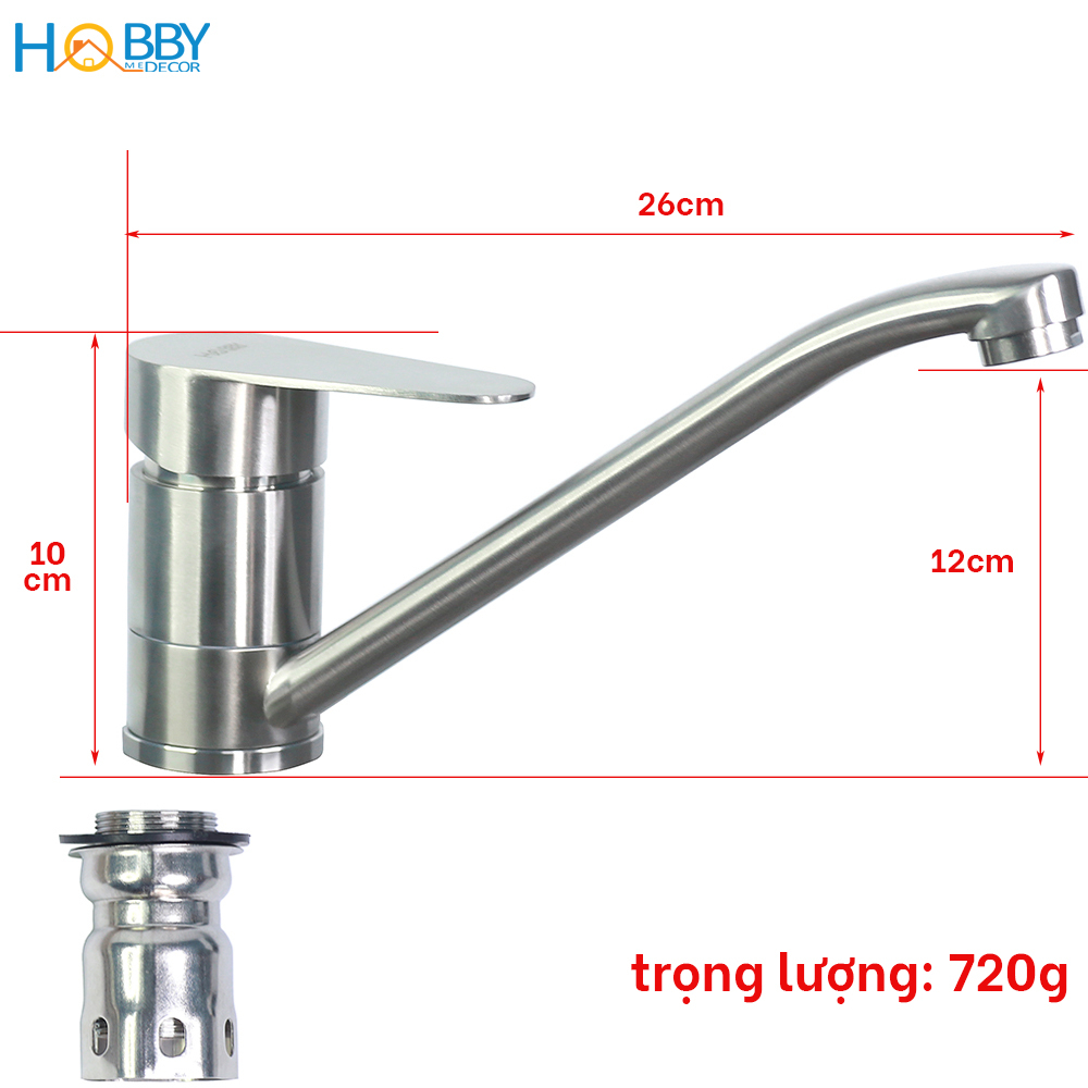 Vòi xả nước lavabo nóng lạnh thân dài Inox 304 Hobby Home Decor VRM3 - kèm dây cấp không rỉ sét
