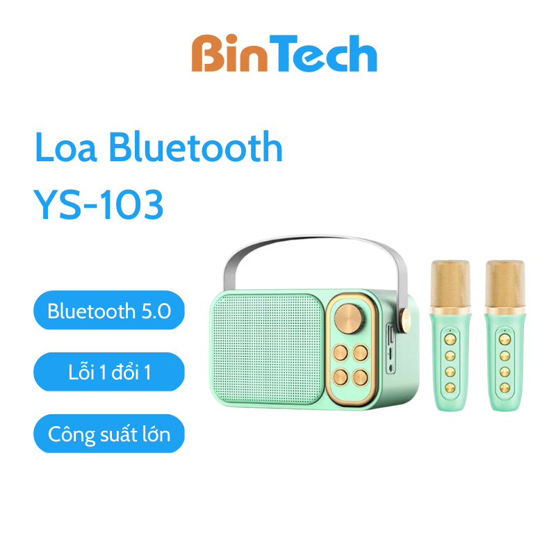 Loa bluetooth mini karaoke kèm mic BINTECH YS 105 Không dây, kèm 02 mic hát công suất 15W - Bảo hành 06 Tháng