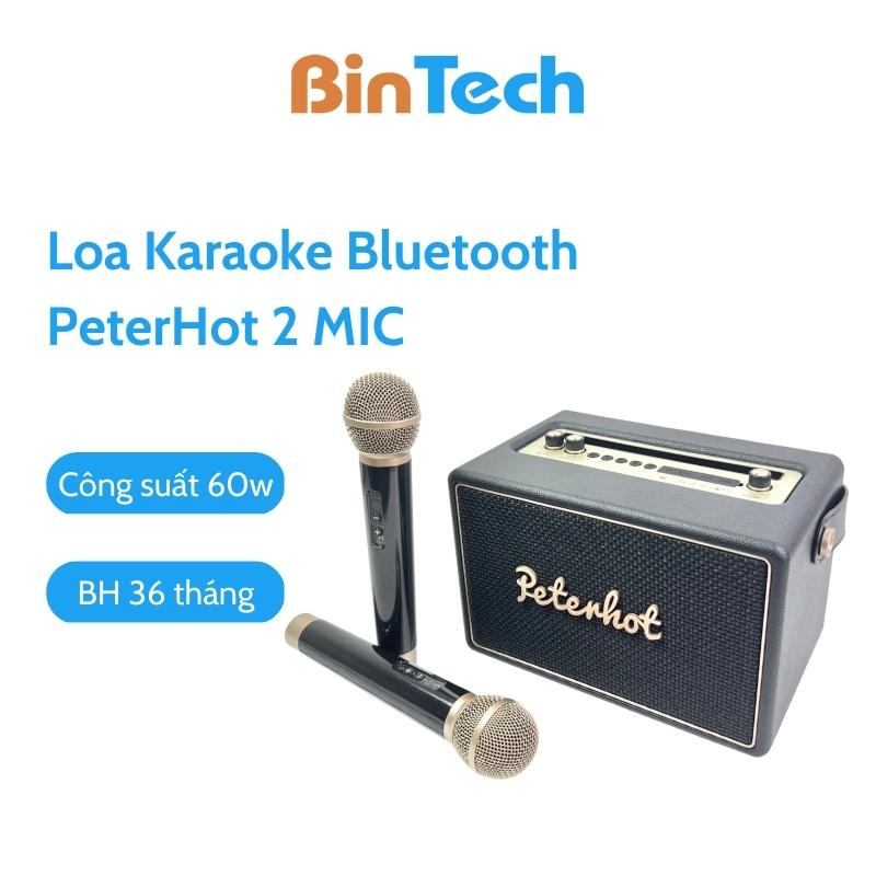 Loa Karaoke Bluetooth PeterHot Hai Mic BINTECH, Loa Kèm 2 Mic, Công Suất Lớn 60W, Kiểu Dáng Retro, Âm Thanh Sống Động