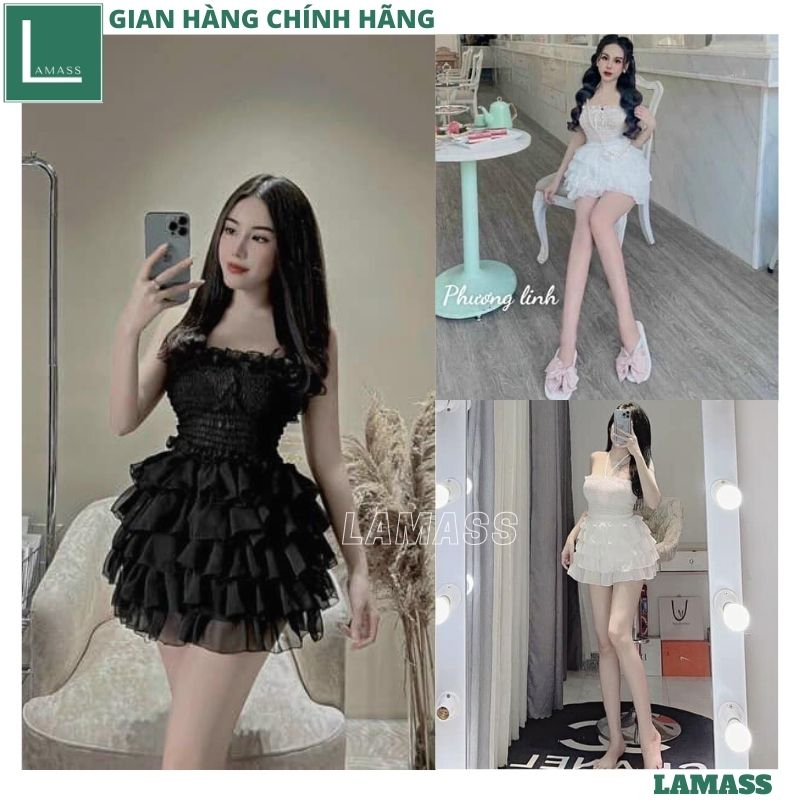 Set áo quây bo chun cổ yếm chân váy bồng xếp ly 5 tầng, Bộ áo ống bèo nhún voan tơ thời trang điệu đà gợi cảm - LAMA