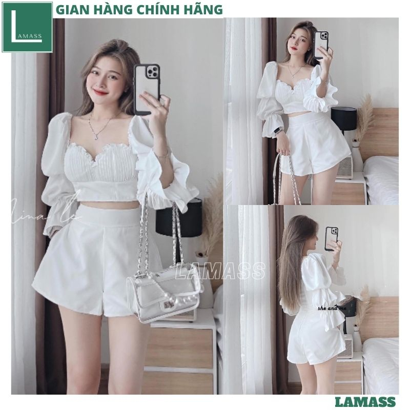 Set áo croptop trắng cúp ngực xếp ly vỏ sò tay bồng ống loe quần short rộng, Bộ 2 món áo trễ vai lưng chun kèm quần LAMA