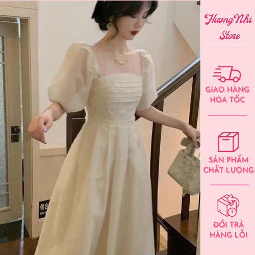 Đầm voan tơ xếp ly ngực tay bồng màu be váy 2 lớp chun sau phong cách tiểu thư