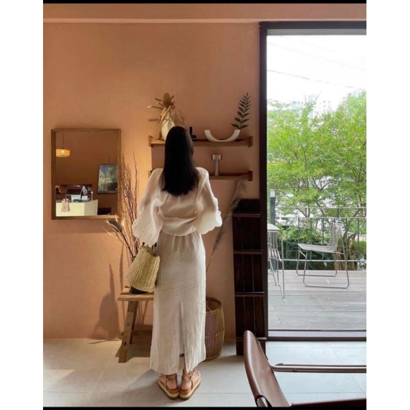 SET ÁO PELUM TRẮNG TAY PHỒNG CHÂN VÁY MIDI