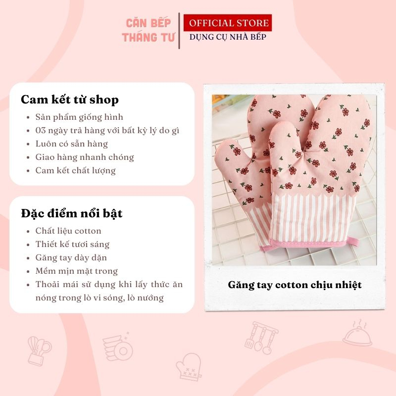 Găng tay lò nướng làm bếp vãi cotton mềm mịn chịu nhiệt tốt chống trượt 26x17cm GTB01