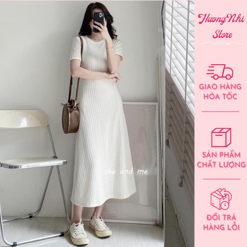 Váy nữ ôm eo, váy áo cộc tay, váy body nữ dáng dài tôn dáng hoạt tiết chất thun gân mềm mại full 3 màu freesize 58kg