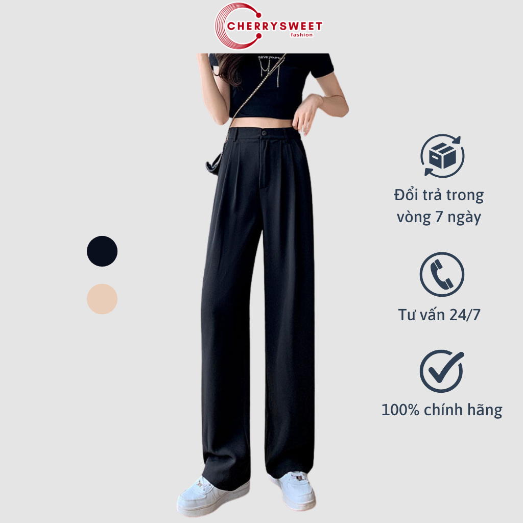 Quần âu nữ CHERRYSWEET form rộng trơn ống đứng cạp cao tôn dáng, khóa trước 1 khuy chất tuyết mưa T003