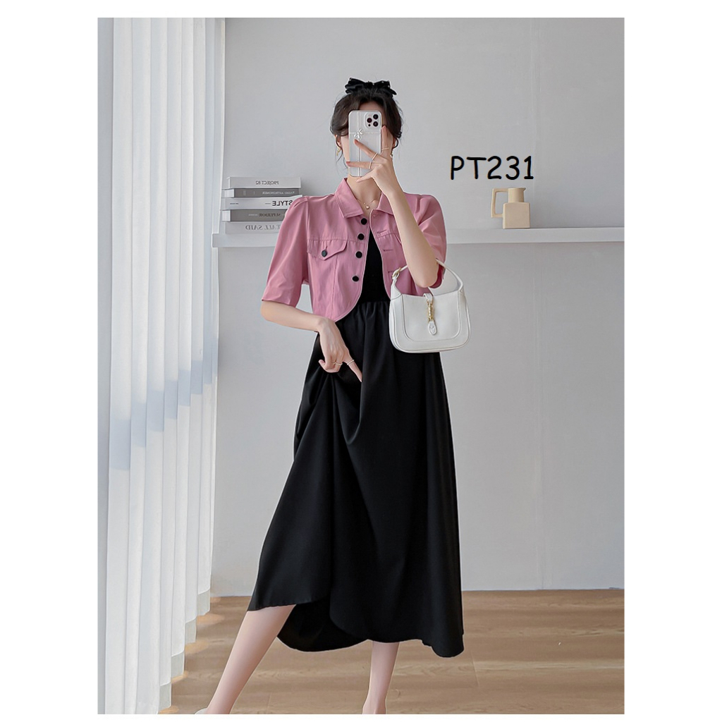 Set váy dây mix áo khoác croptop siêu xinh-PT231