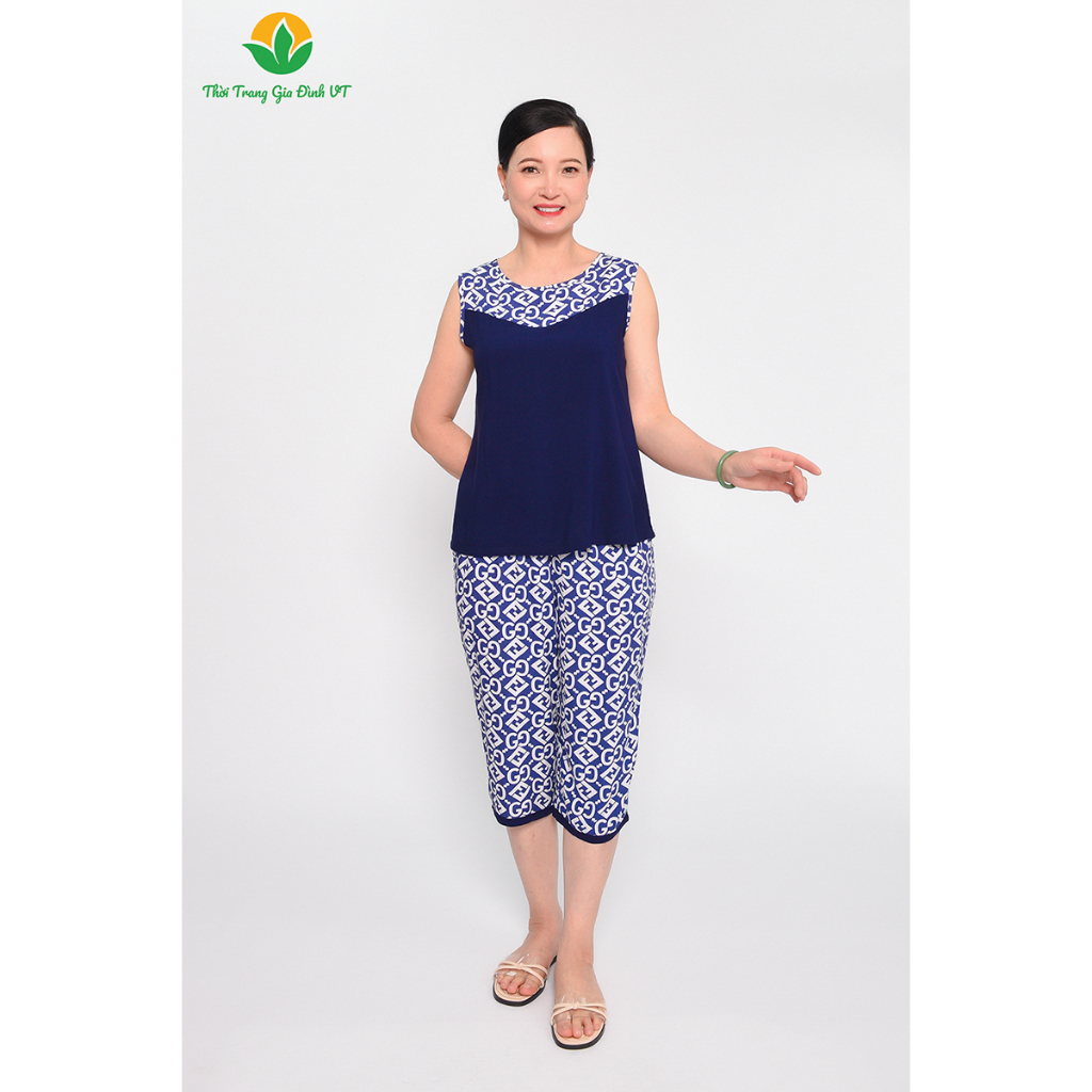 Bộ đồ mặc nhà trung niên mùa hè Việt Thắng, quần lửng, áo sát nách chất lanh B05.2302