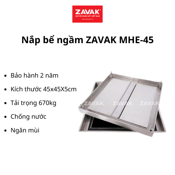 Nắp bể chống nước ngăn mùi inox ZAVAK MHE-45 / KT 45x45cm, lát gạch 1,2cm, tải 700kg