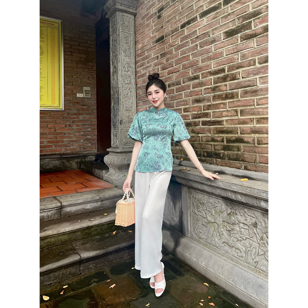 Pháp phục đi chùa nữ cổ tàu tay phồng lụa gấm Đồ bộ đi chùa cách tân Bộ đi lễ lụa mềm mịn, duyên dáng