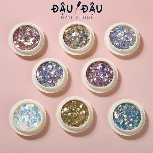 Nhũ kim tuyến vảy cá 8 màu trang trí móng đắp ẩn gel phong cách Hàn Nhật lẻ hộp