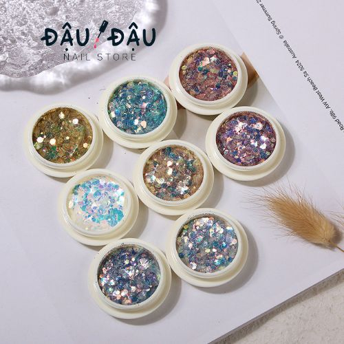 Nhũ kim tuyến vảy cá 8 màu trang trí móng đắp ẩn gel phong cách Hàn Nhật lẻ hộp