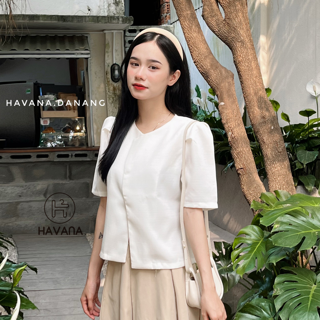 Áo sơ mi kiểu nữ đệm vai nút ẩn bên trong, sơ mi nữ tay cộc he144