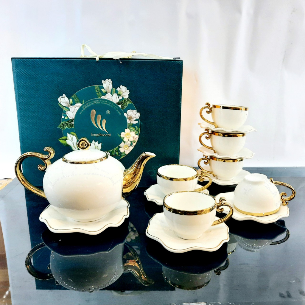 Bộ ấm chén sứ cao cấp phong cách châu Âu viền vàng 18k sang trọng